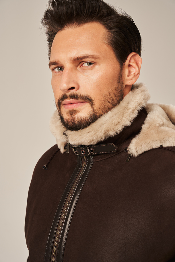 Natūralus vyriškas avikailio paltas su gobtuvu