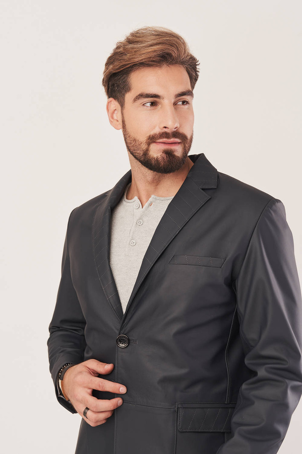 Vyriškas odinis švarkas iš avies odos – tamsiai grafito spalva