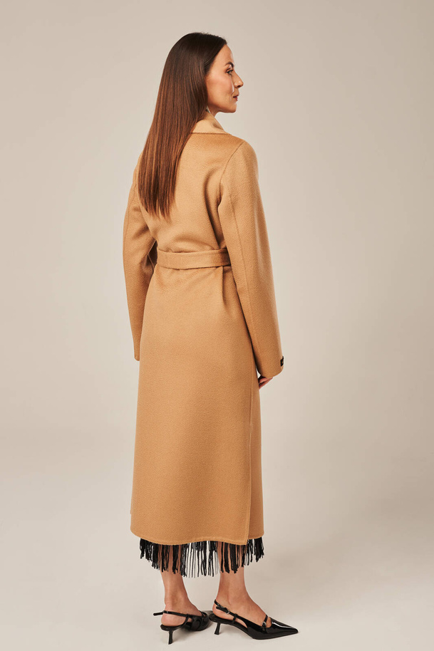 Ilgas kamelinis moteriškas paltas iš natūralios Zibellino vilnos – kokybė ir elegancija