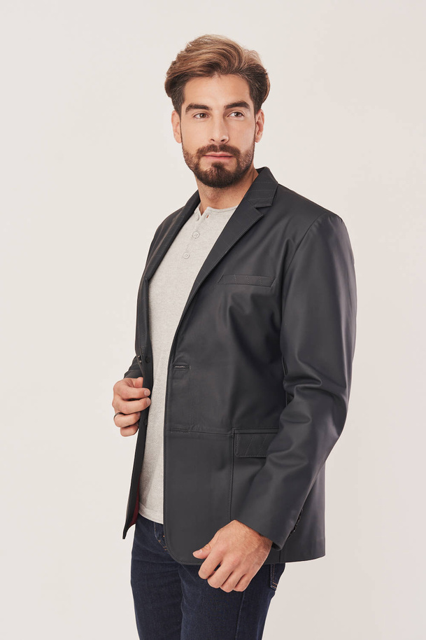Vyriškas odinis švarkas iš avies odos – tamsiai grafito spalva
