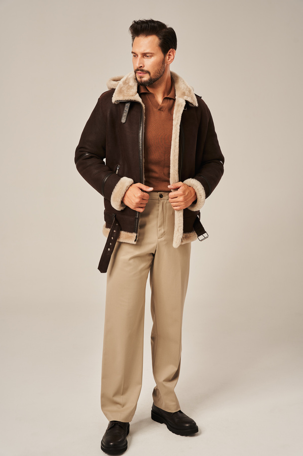 Natūralus vyriškas avikailio paltas su gobtuvu