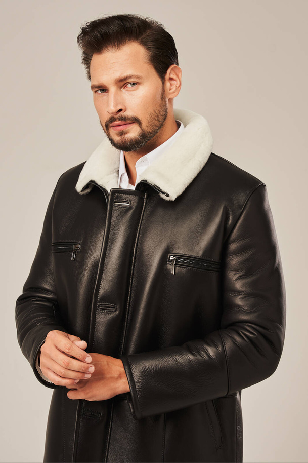Vyriškas juodas odinis kailinis paltas žiemai