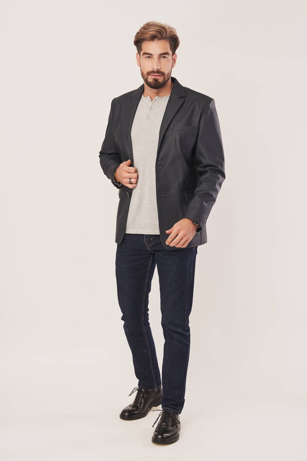 Vyriškas odinis švarkas iš avies odos – tamsiai grafito spalva