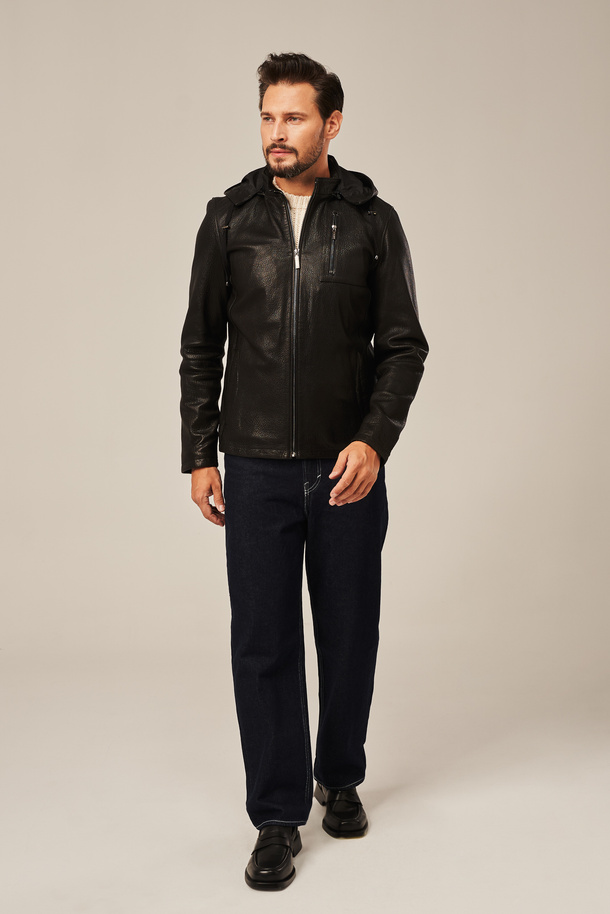 Trumpa vyriška juoda odinė striukė su gobtuvu