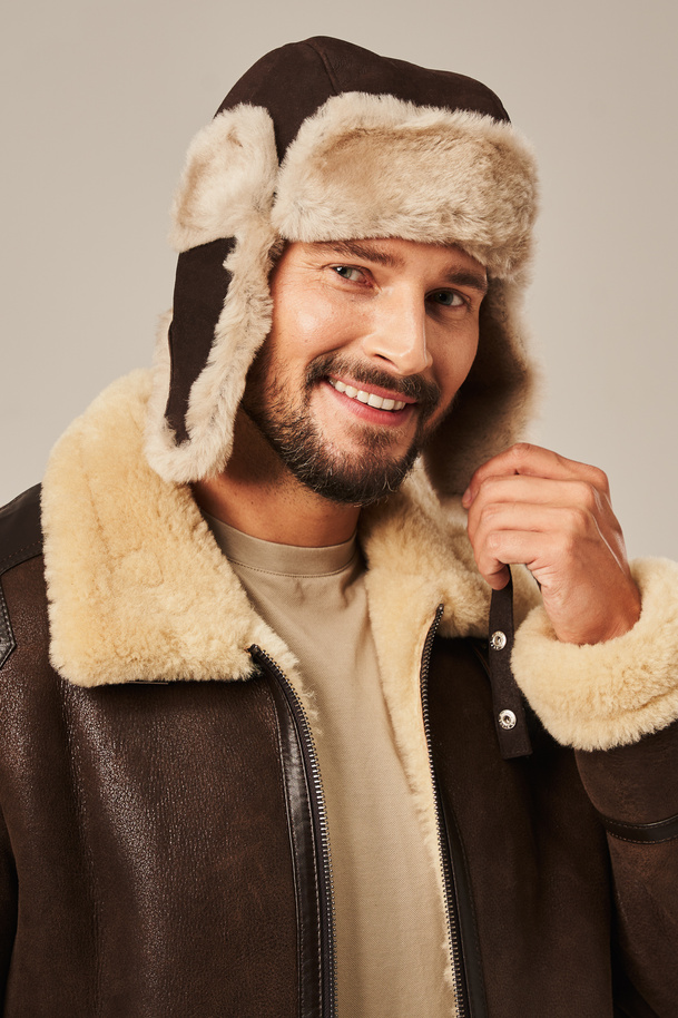 Vyriška ruda odinė lakūno kepurė – natūrali avikailio oda su avių kailiu, karinį stilių