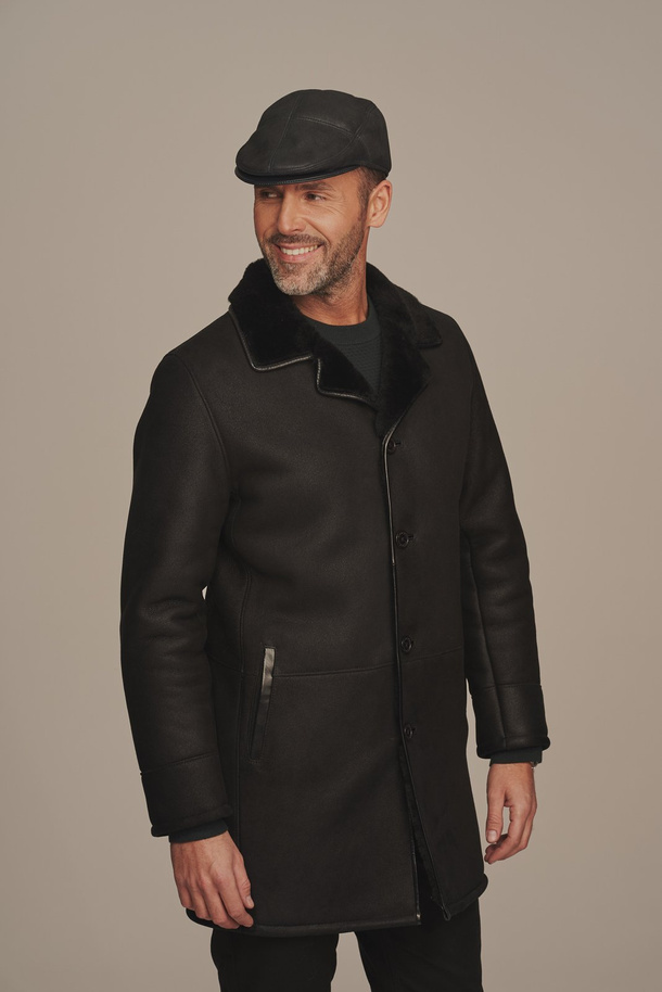 Vyriška žieminė kepurė iš natūralaus avikailio kailio – juoda | Odinė kepurė su vilna vyrams